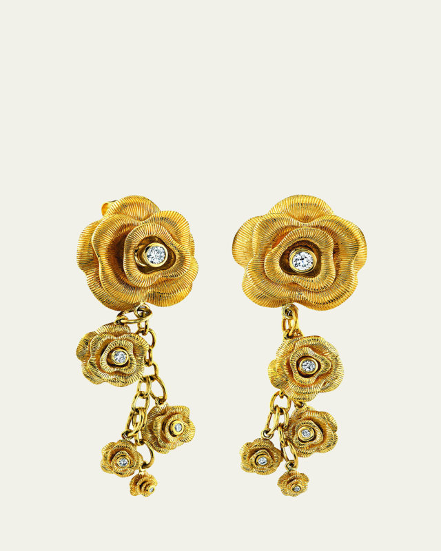 14K Yellow Gold Rose Charm Diamond Earrings